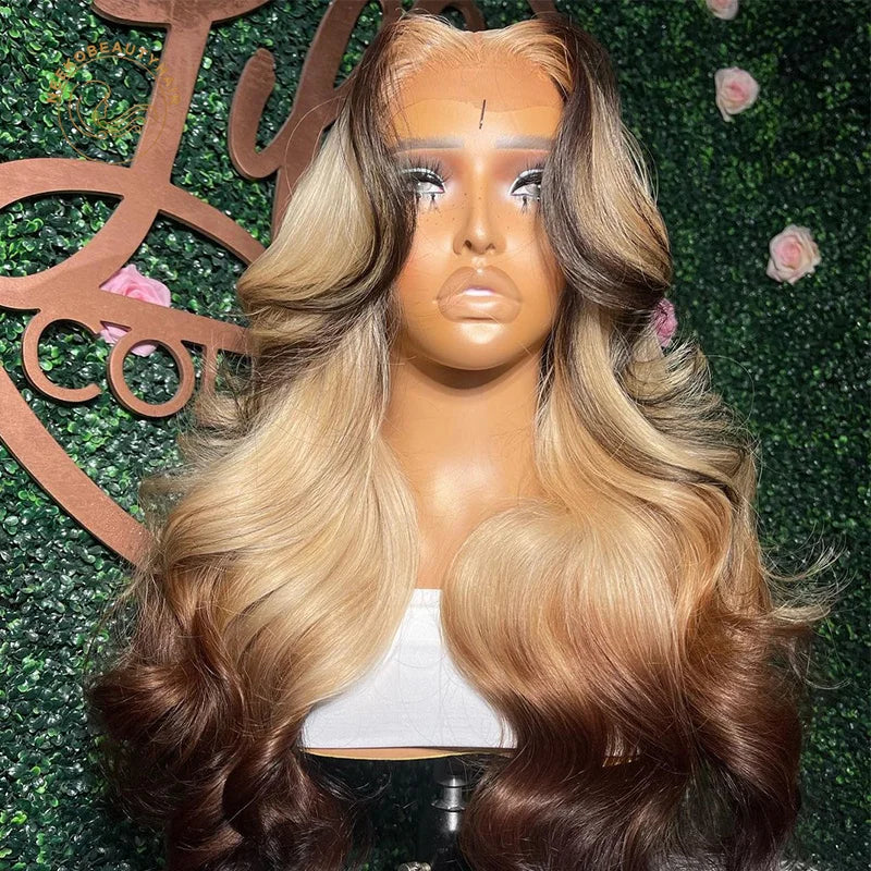 Lace Front Transparent Highlight Wavy Human Hair Wigs