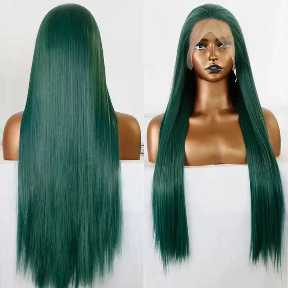 Glueless Lace Front Synthetic Dark Green Long Straight Wig