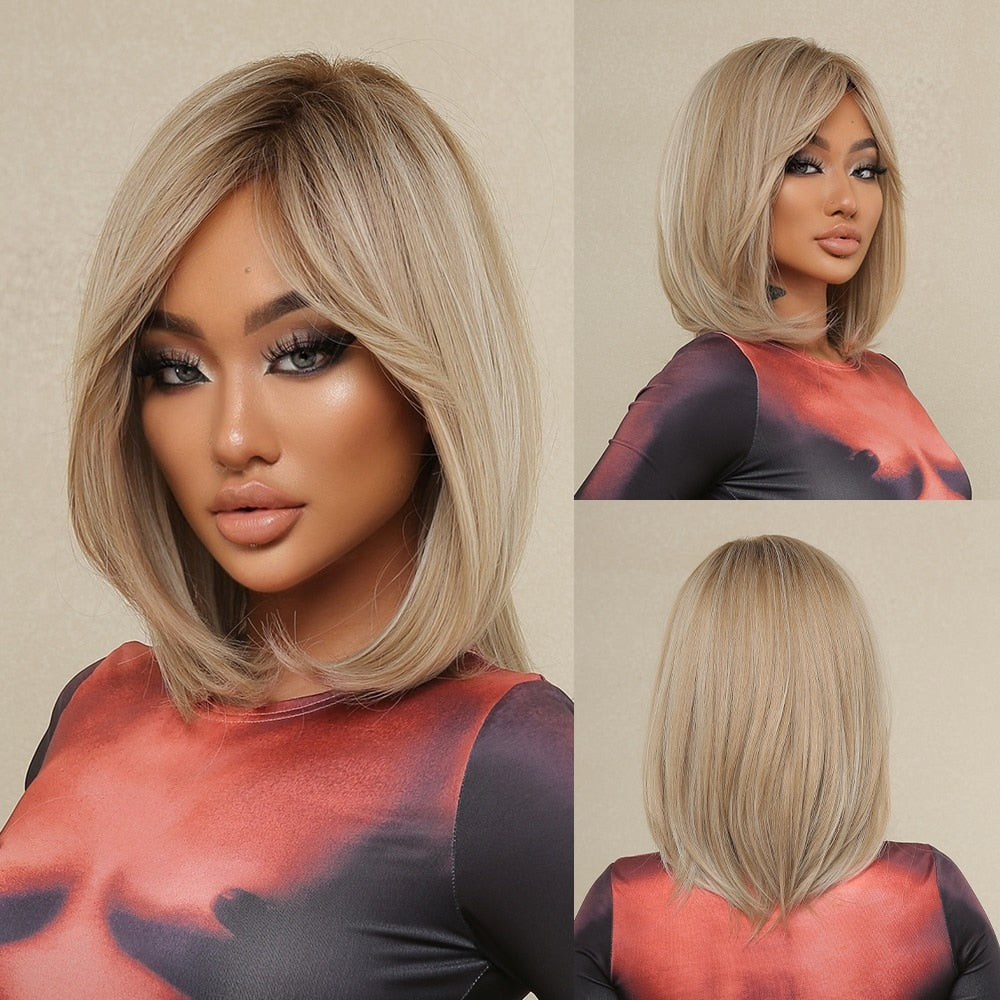 Synthetic Ombre Short Straight Bob with Bangs Wig