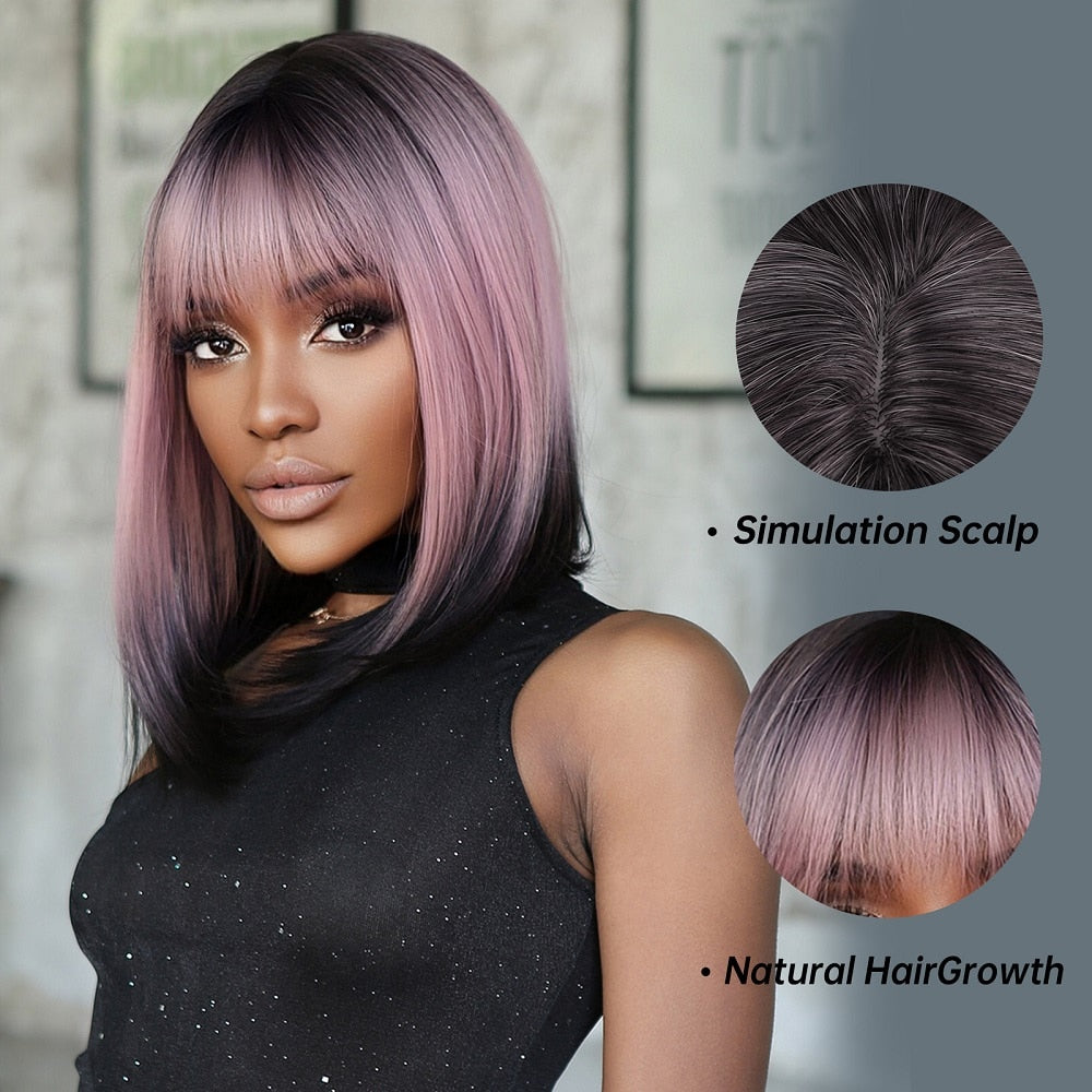 Synthetic Ombre Short Straight Bob with Bangs Wig