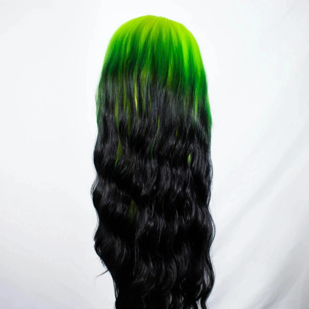 Glueless Synthetic Heat Resistant Lace Front Loose Wave Ombre Green Black Wigs