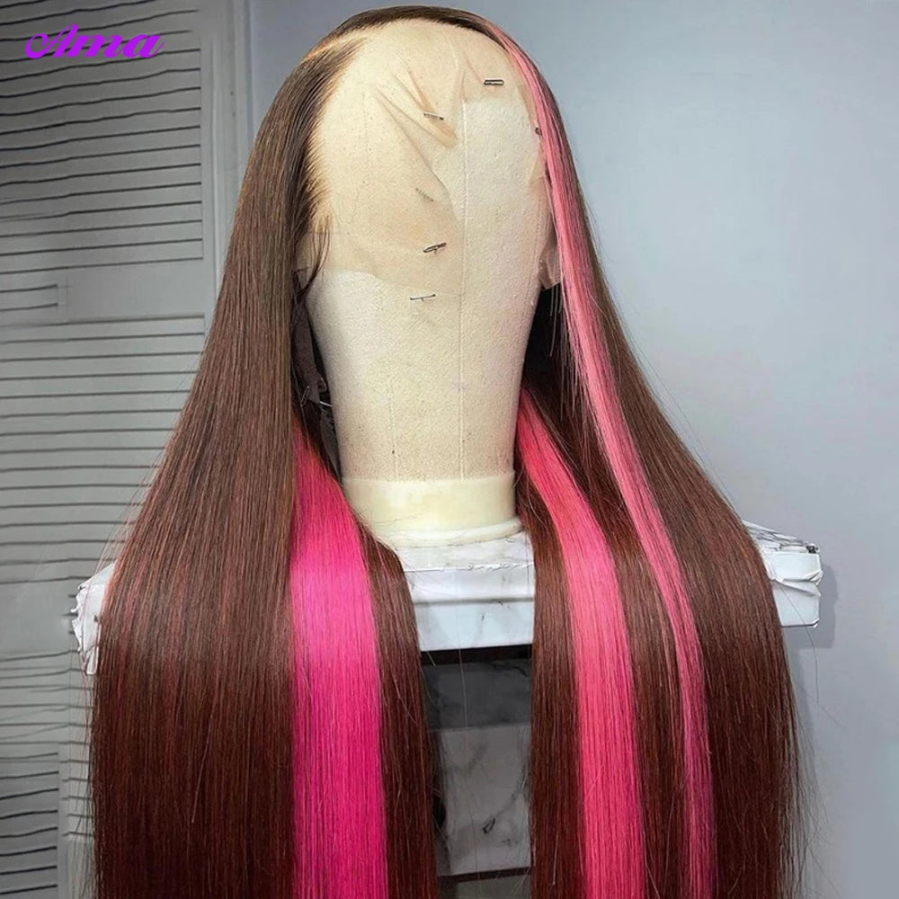 Lace Front Body Wave Brown Pink Colored Human Hair  Wig