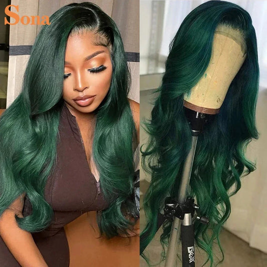 Lace Front Dark Green  Human Hair Pre-Plucked Wig