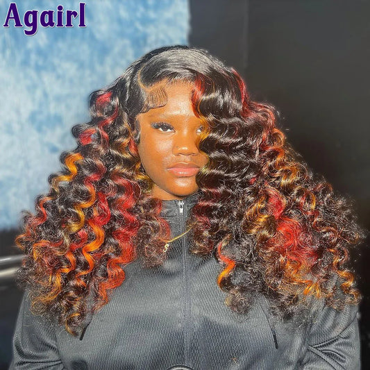 Lace Front Red Orange With Black Highlight Loose Wave Human Hair Wigs