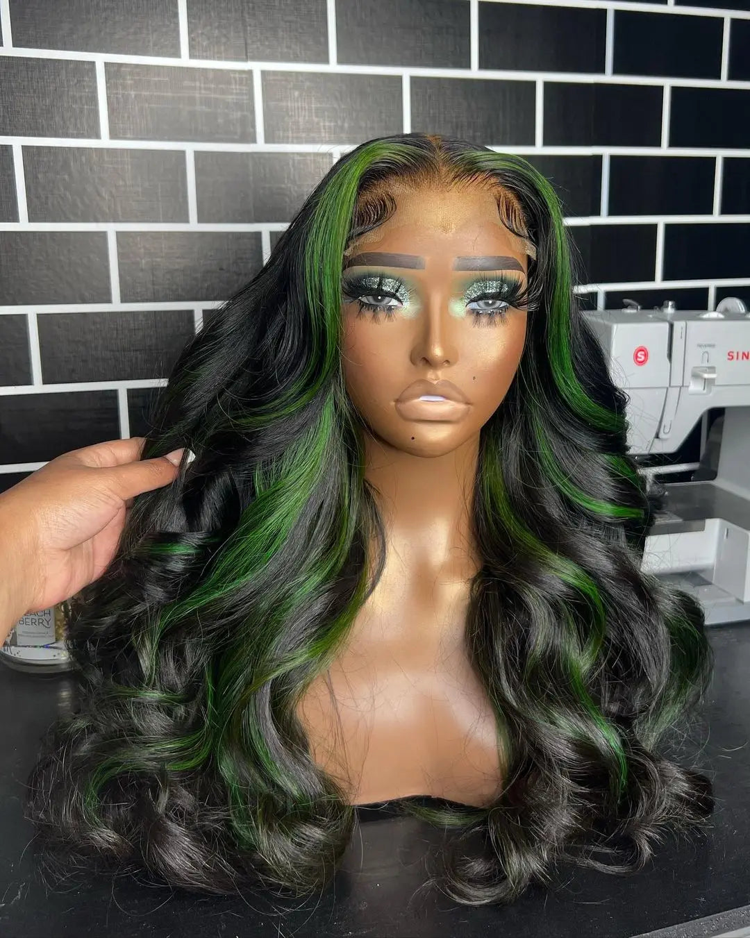 Synthetic Lace Front Pre-Plucked Green Highlight  Wig