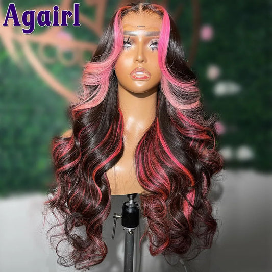 Lace Frontal Highlight Ombre Pink Human Hair Body Wave Wig