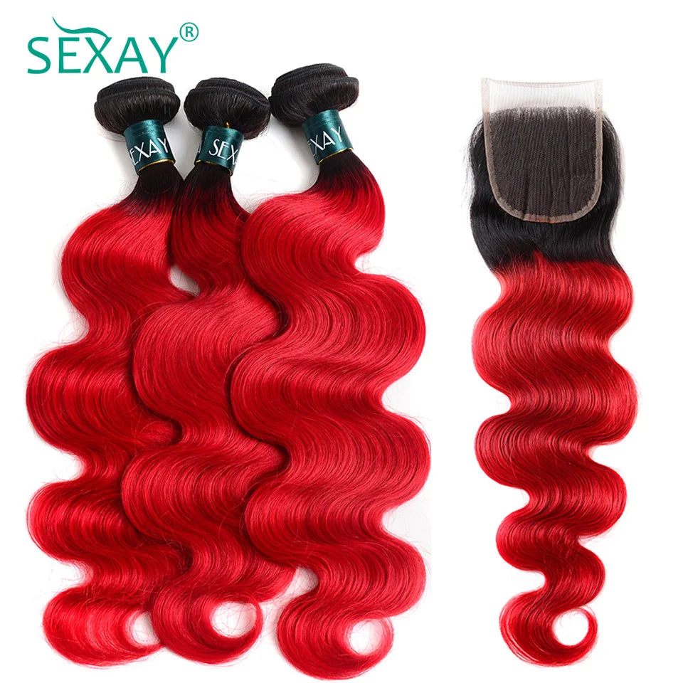 Red Ombre Body Wave Brazilian  Human Hair Weave Bundles With Closure