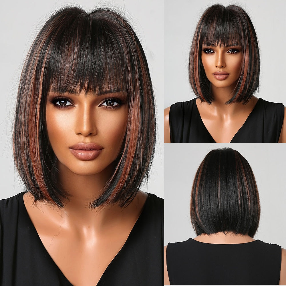 Synthetic Ombre Short Straight Bob with Bangs Wig