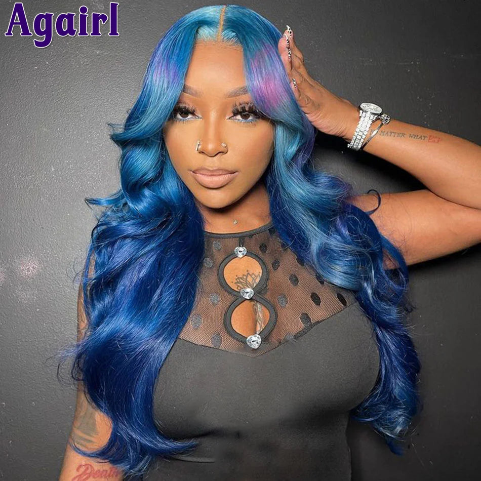 Lace Front Blue Purple Ombre  Body Wave Human Hair Wigs