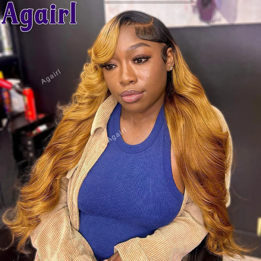 Lace Front PrePlucked Transparent Black Roots Ginger Blonde Body Wave Human Hair Wigs