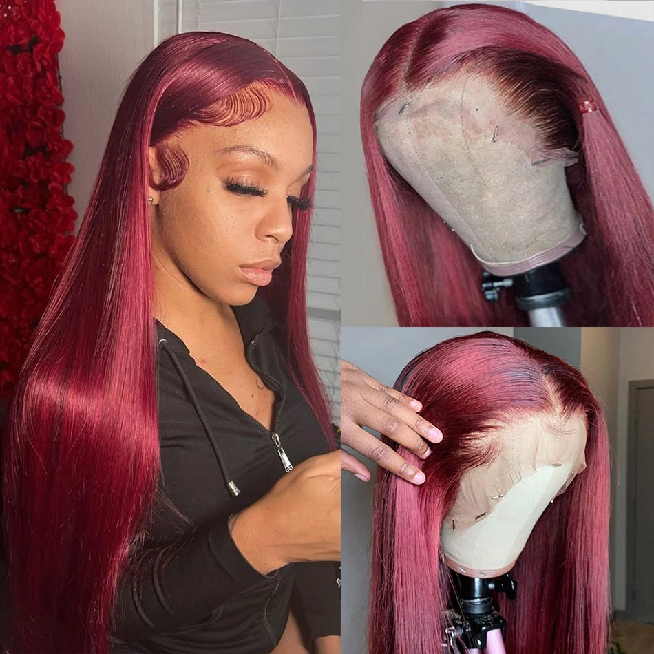 Lace Front Burgundy Straight Human Hair Wigs