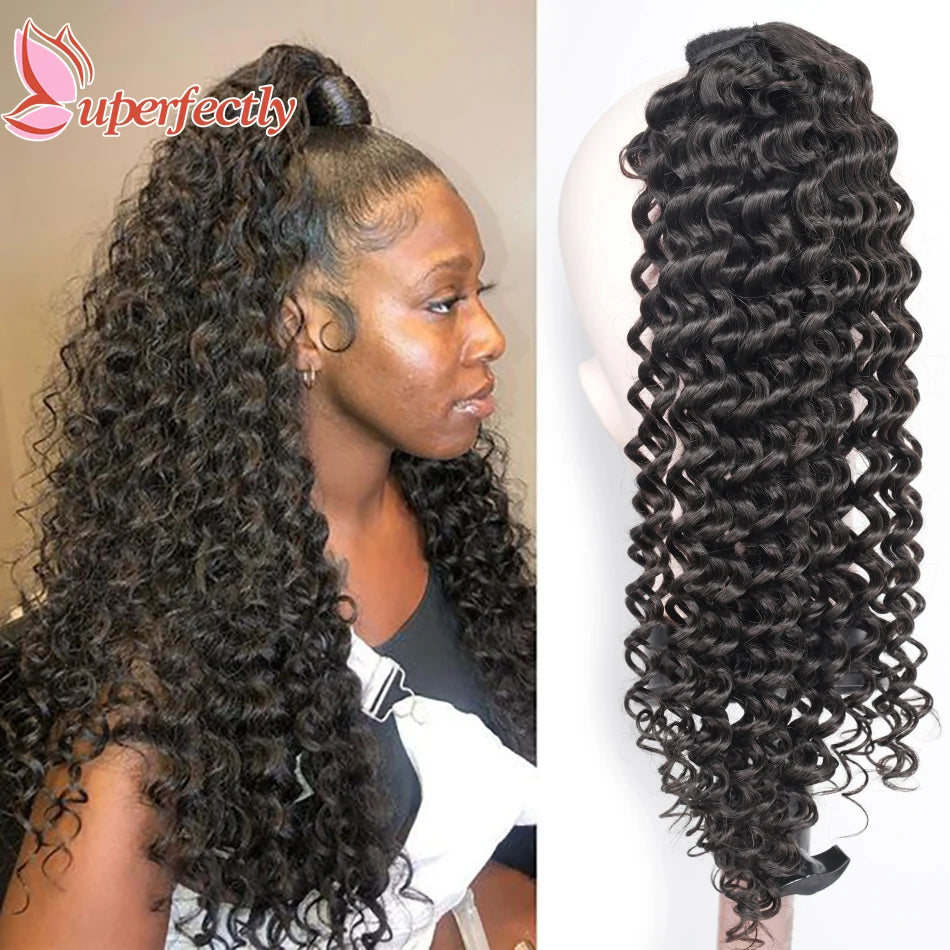 Deep Wave Brazilian Human  Remy Hair Ponytail Extensions