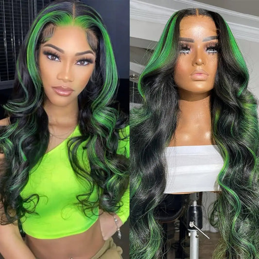 Synthetic Lace Front Pre-Plucked Green Highlight  Wig