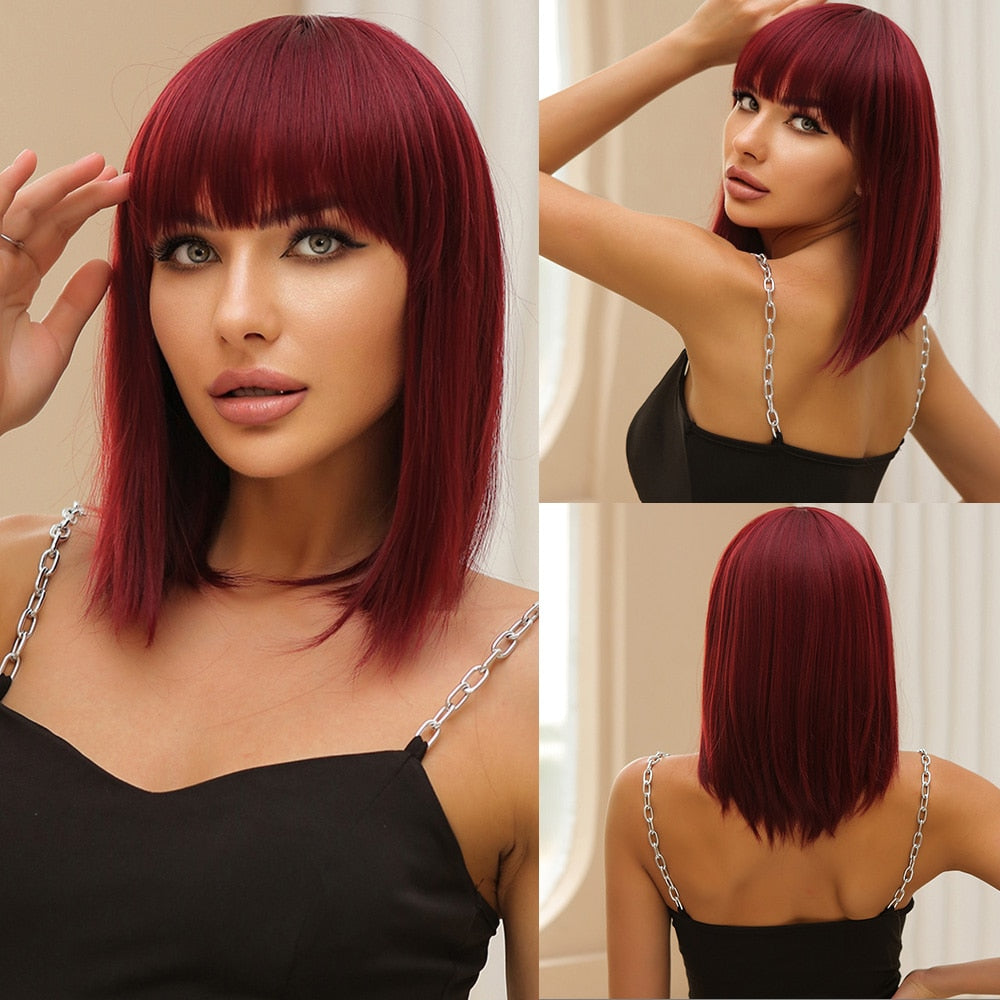 Synthetic Ombre Short Straight Bob with Bangs Wig