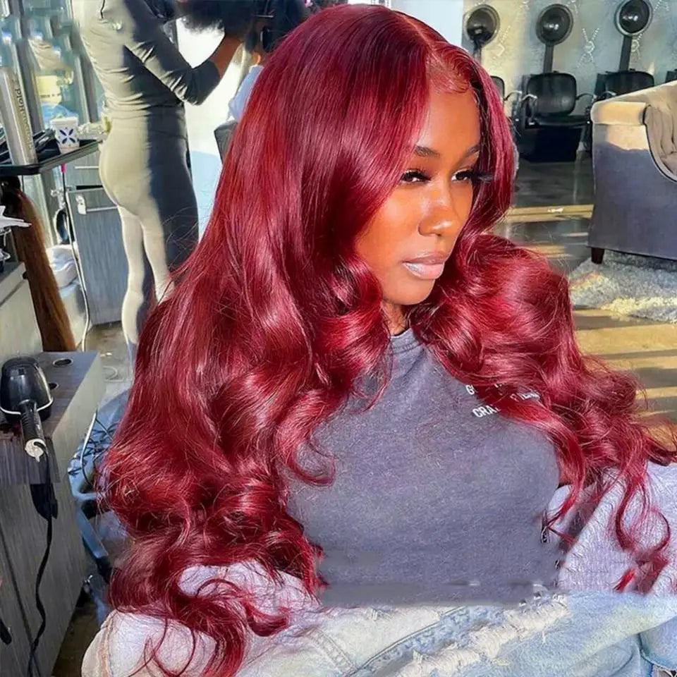 Glueless Lace Front  Burgundy Body Wave Human Hair  Wig