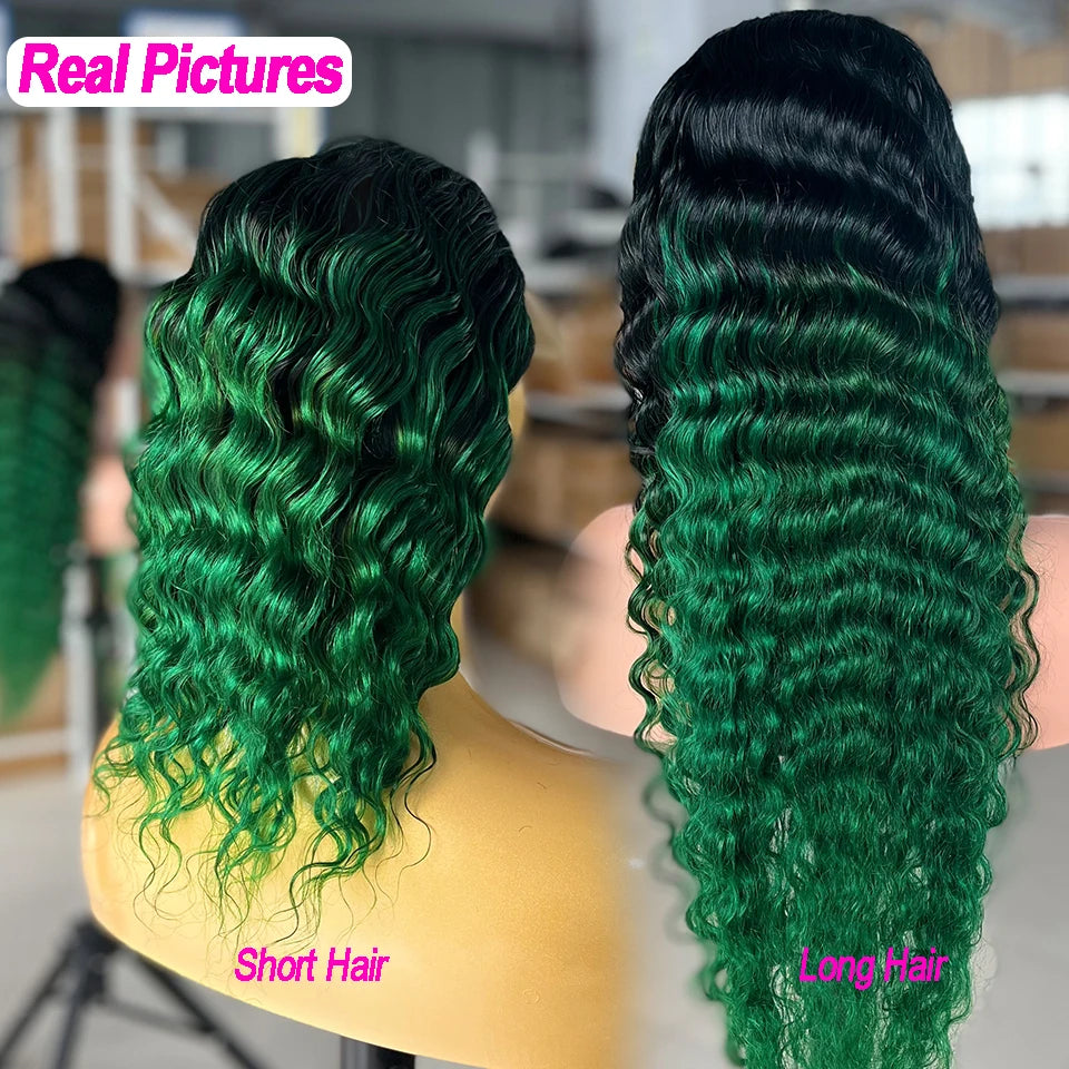 Glueless Lace Front Pre-Plucked Ombre Green Loose Deep Wave Remy Human Hair Wigs