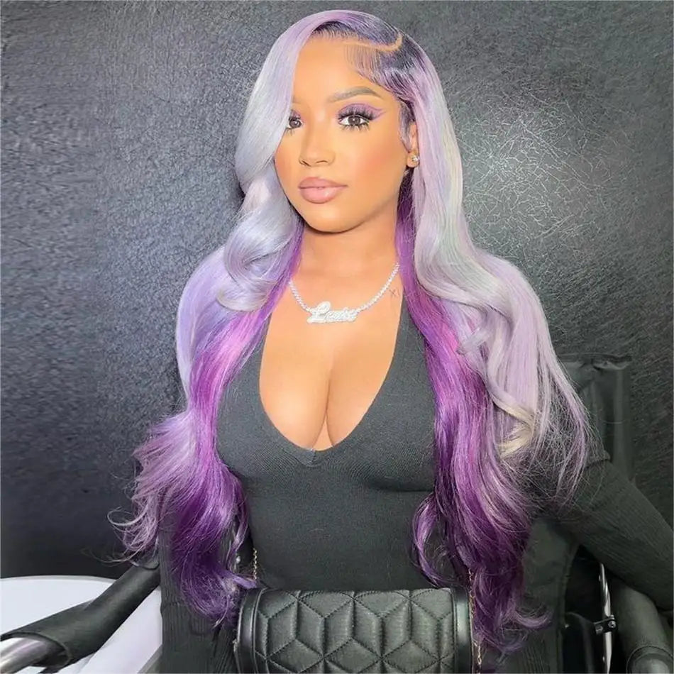 Glueless Lace Front Purple With Grey Body Wave Human Hair Wigs