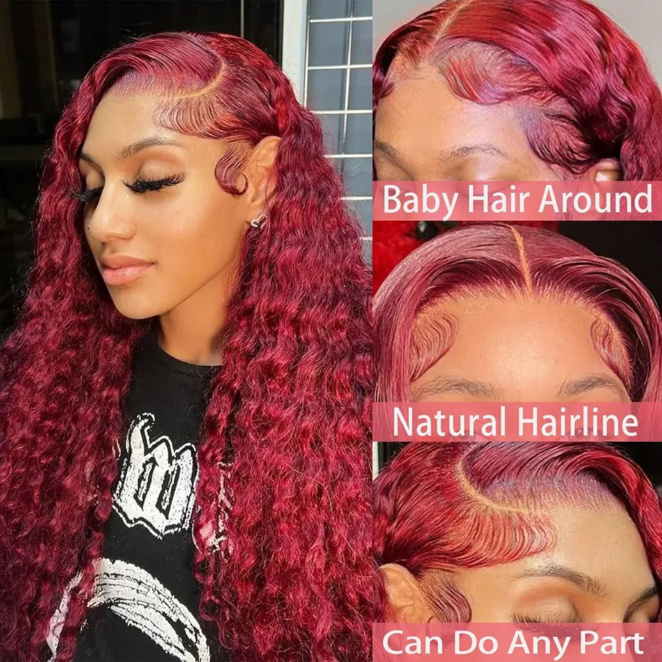 Lace Front Burgundy Human Hair Deep Wave Wig