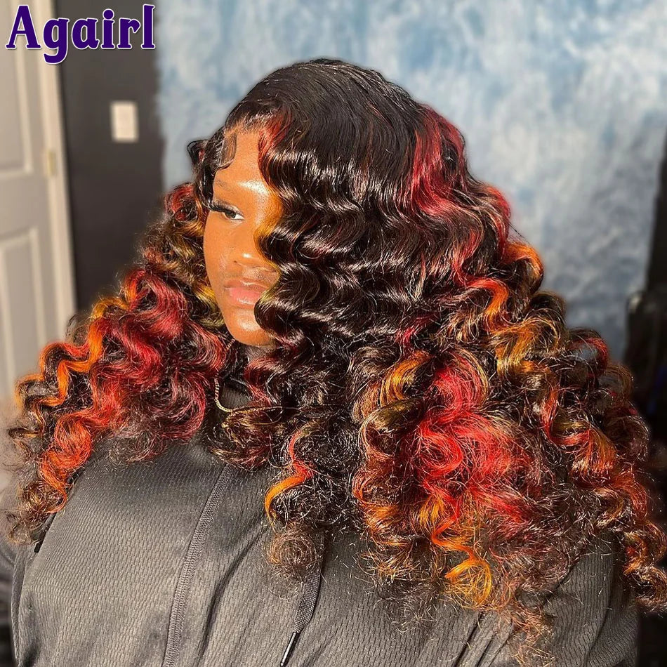 Lace Front Red Orange With Black Highlight Loose Wave Human Hair Wigs