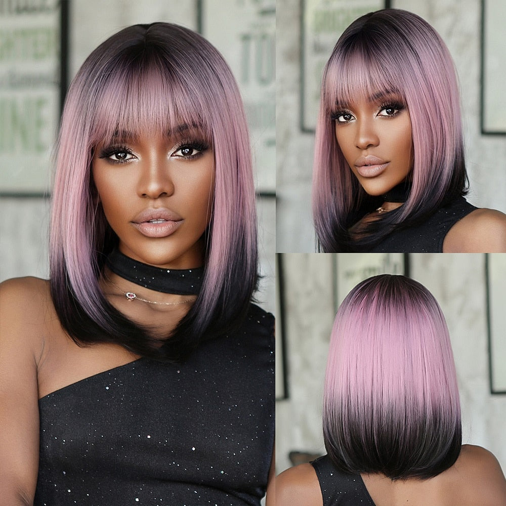 Synthetic Ombre Short Straight Bob with Bangs Wig