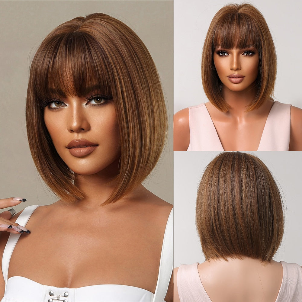 Synthetic Ombre Short Straight Bob with Bangs Wig