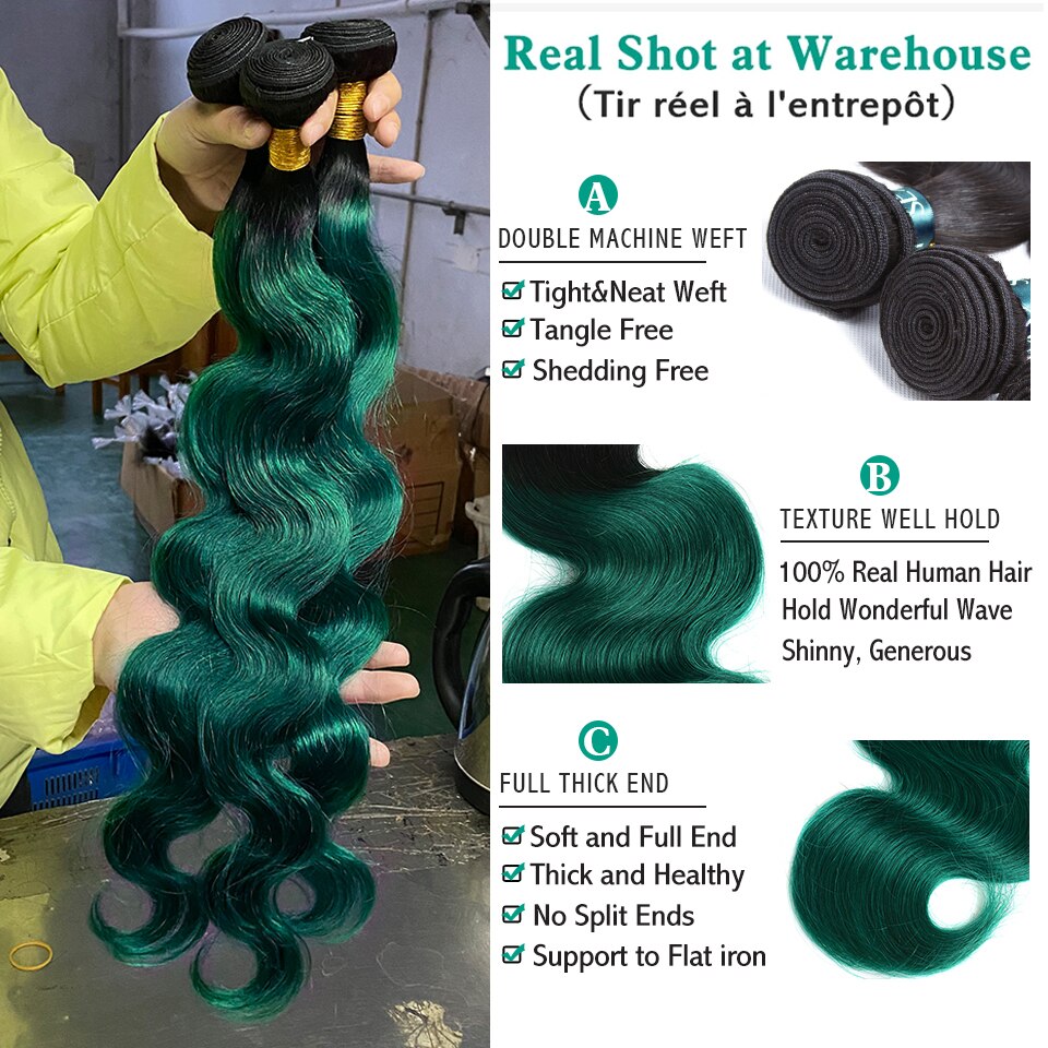 Ombre Green Body Wave Brazilian Human Hair Weave Bundles With Closure