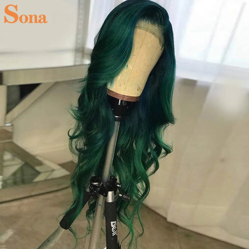 Lace Front Dark Green  Human Hair Pre-Plucked Wig