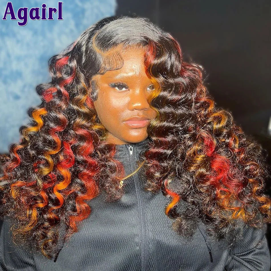 Lace Front Red Orange With Black Highlight Loose Wave Human Hair Wigs