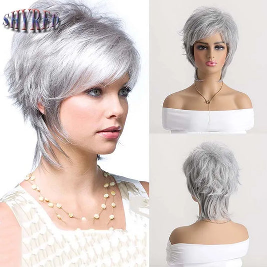 Synthetic Curly Gray Short Mullet Head Wigs with Bangs