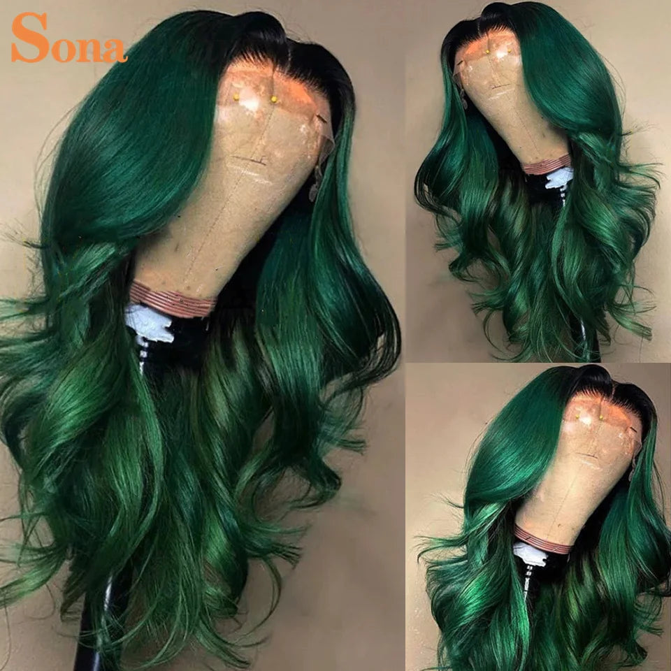 Lace Front Dark Green  Human Hair Pre-Plucked Wig