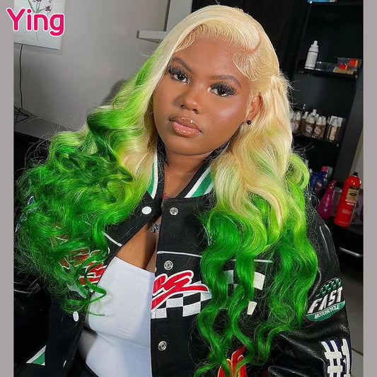 Lace Front  PrePlucked Body Wave Green Ombre Human Peruvian Remy  Hair Wig