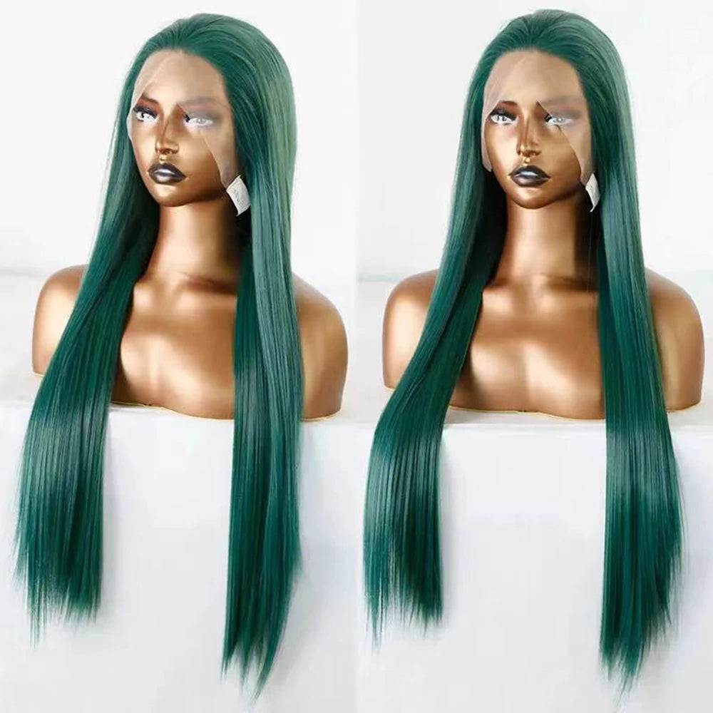 Glueless Lace Front Synthetic Dark Green Long Straight Wig