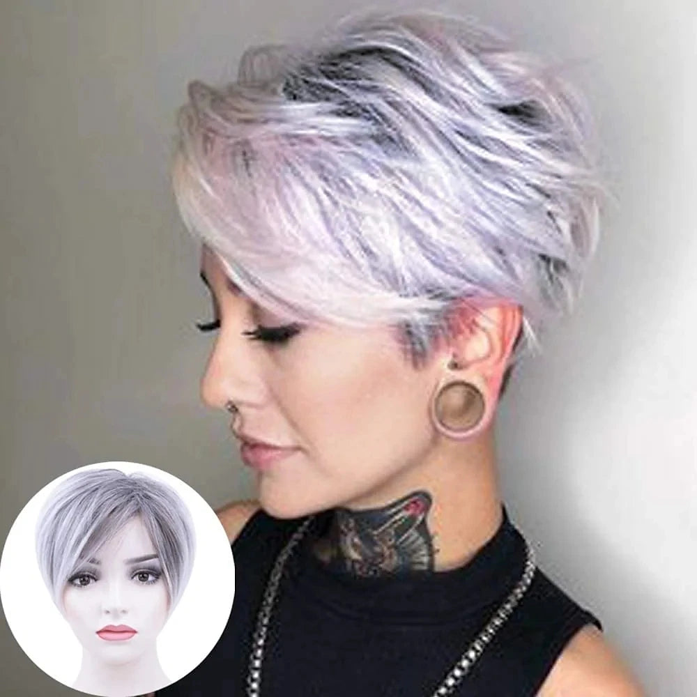 Synthetic Heat Resistant Pixie Cut Silver Grey With Bangs Wig