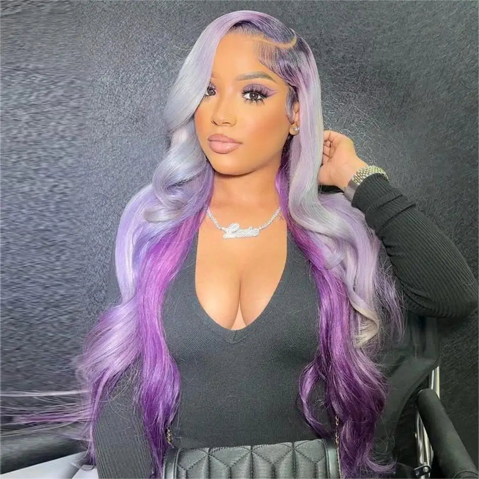 Glueless Lace Front Purple With Grey Body Wave Human Hair Wigs