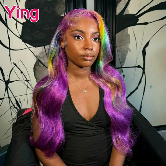 Lace Front PrePlucked Highlight Purple With Green Body Wave With Baby Hair Wig