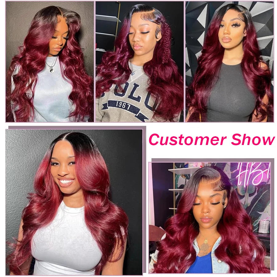 Lace Closure Burgundy Body Wave Human Hair PrePlucked Wigs