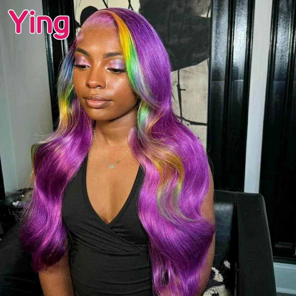 Lace Front PrePlucked Highlight Purple With Green Body Wave With Baby Hair Wig