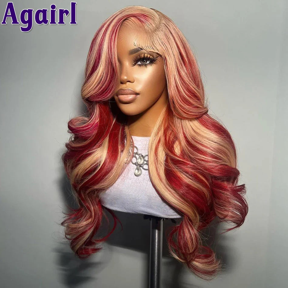 Lace Front Pre-Plucked Pomegranate Blonde Highlight  Human Hair Wigs