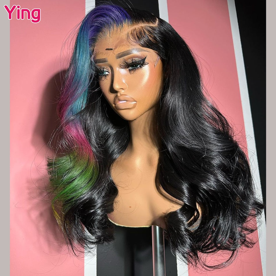 Lace Front PrePlucked Highlight Blue With Pink Body Wave Human Hair Wig