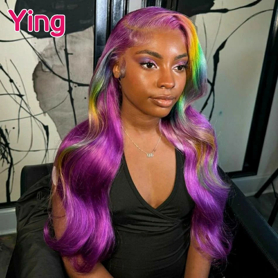 Lace Front PrePlucked Highlight Purple With Green Body Wave With Baby Hair Wig