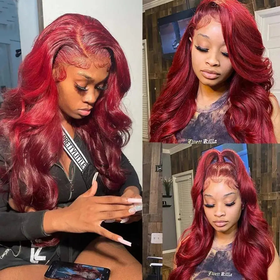 Glueless Lace Front  Burgundy Body Wave Human Hair  Wig