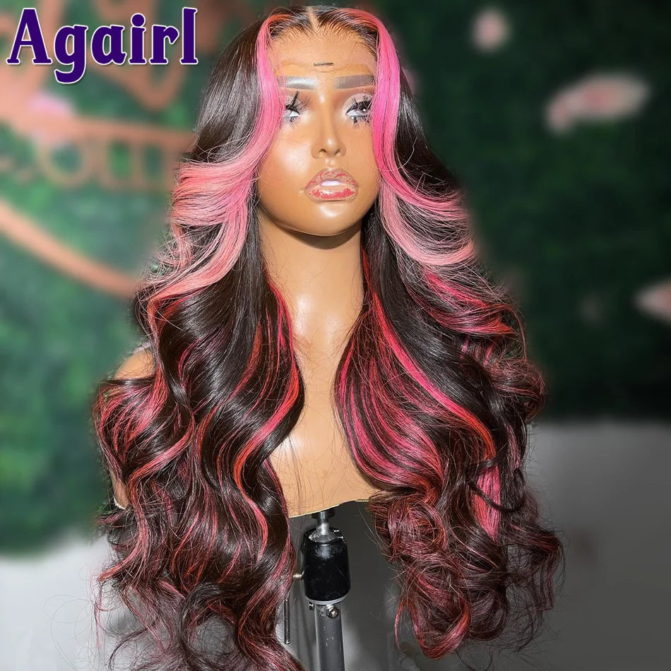 Lace Frontal Highlight Ombre Pink Human Hair Body Wave Wig