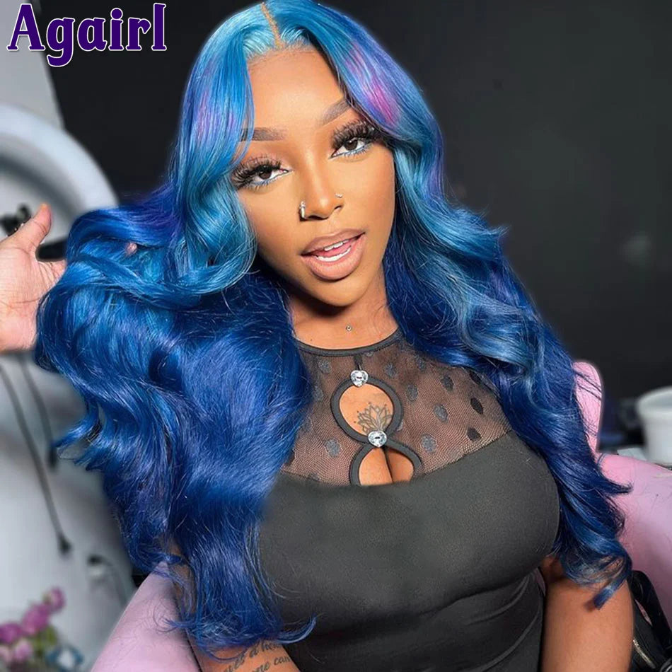 Lace Front Blue Purple Ombre  Body Wave Human Hair Wigs