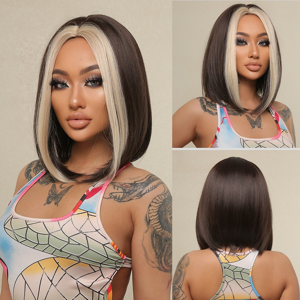 Synthetic Ombre Short Straight Bob with Bangs Wig