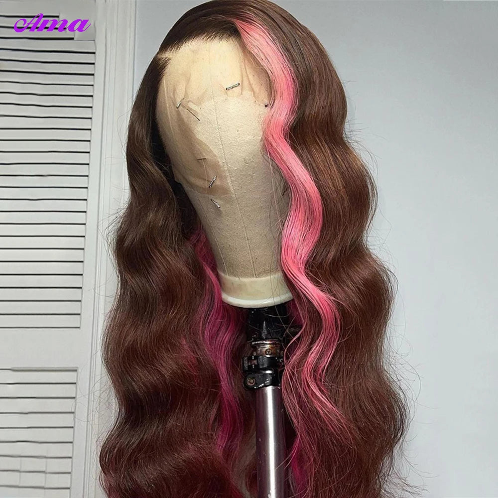 Lace Front Body Wave Brown Pink Colored Human Hair  Wig