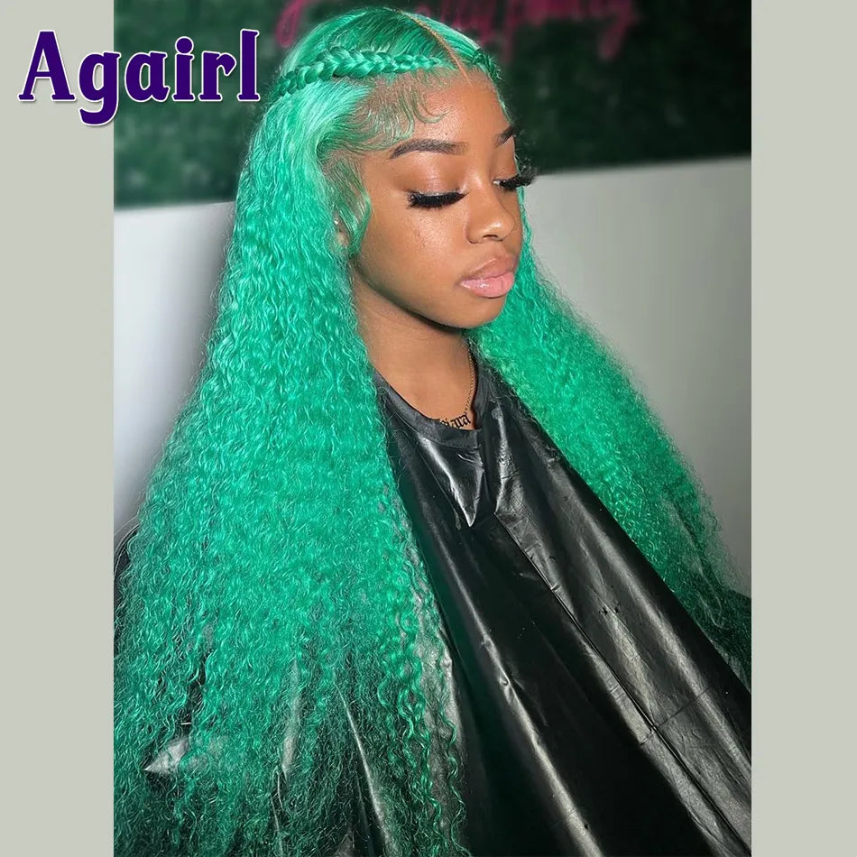 Lace Front Mint Green  Curly Brazilian Human Hair Wigs