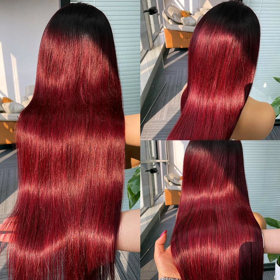 Lace Closure Glueless PrePlucked Burgundy Straight Human Hair Wigs