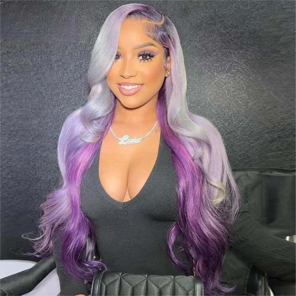 Glueless Lace Front Purple With Grey Body Wave Human Hair Wigs