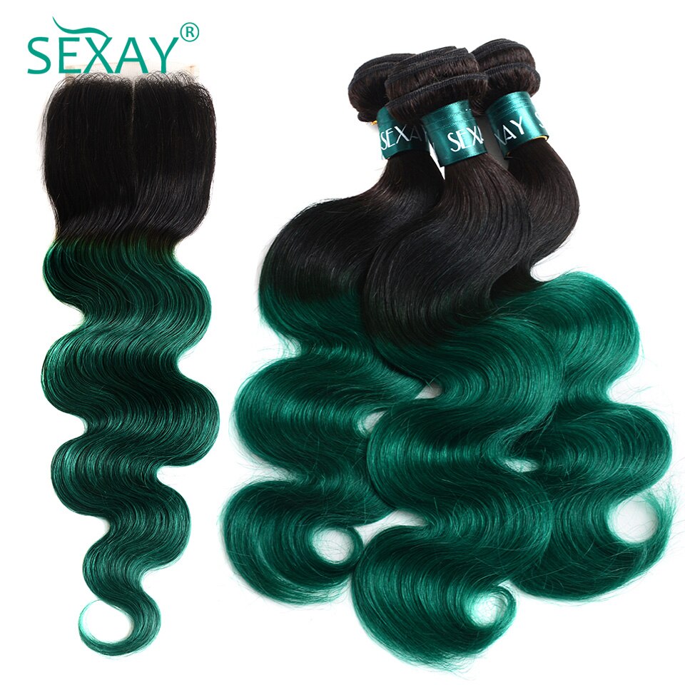 Ombre Green Body Wave Brazilian Human Hair Weave Bundles With Closure