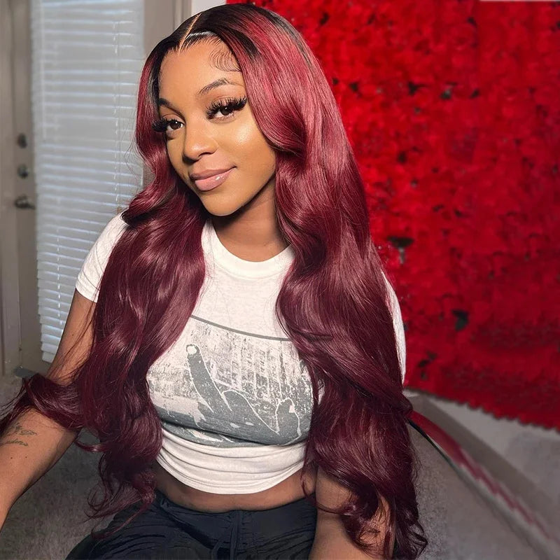 Lace Closure Burgundy Body Wave Human Hair PrePlucked Wigs